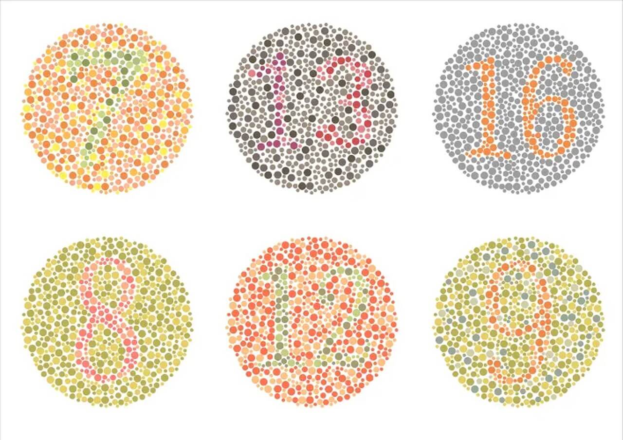 Seis círculos coloridos com números visíveis formados por pontos em diferentes tons. Os números exibidos são 7, 13, 16, 8, 12 e 9, dispostos de forma que são destacados dentro de cada círculo composto por pequenas bolinhas de várias cores.